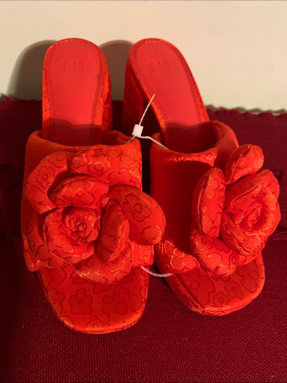 Red Floral Satin Slide Mules with Rosette Accent